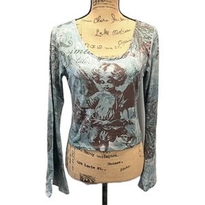 Y2K Sweet Society Angel Graphic Long Bell Sleeve Top Fairy Grunge Whimsy sz L